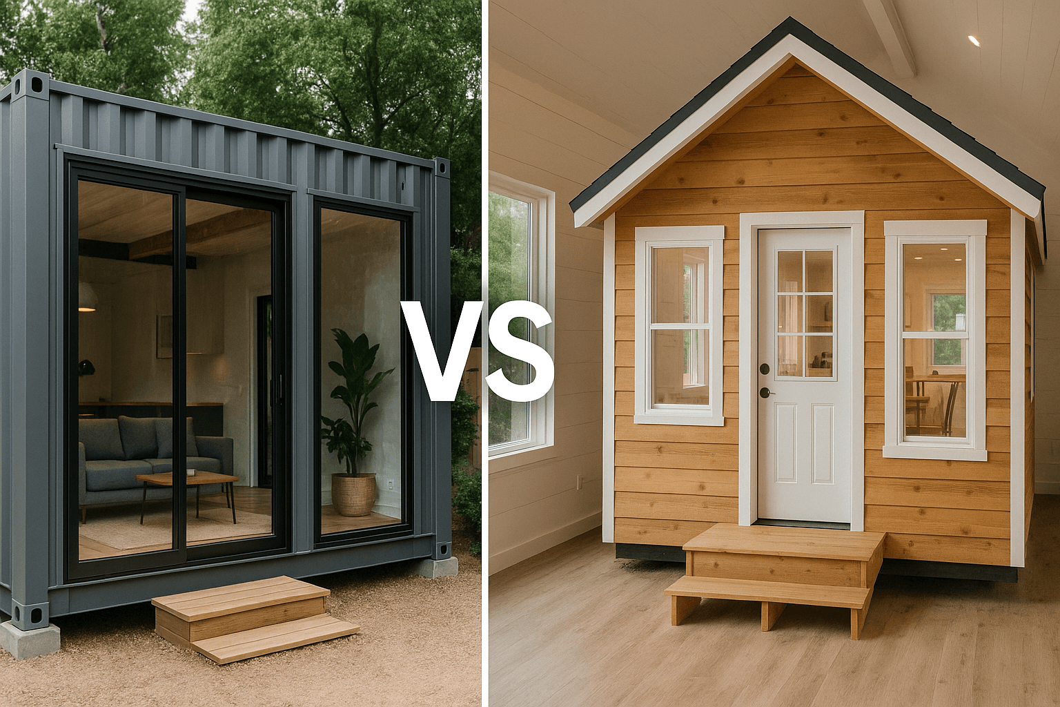 Side by side view of a modern shipping container home conversion and a traditional tiny house showing construction differences and finished interiors