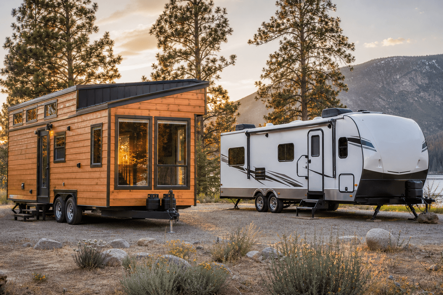 Modern tiny house on wheels parked beside a travel trailer RV at a scenic campground