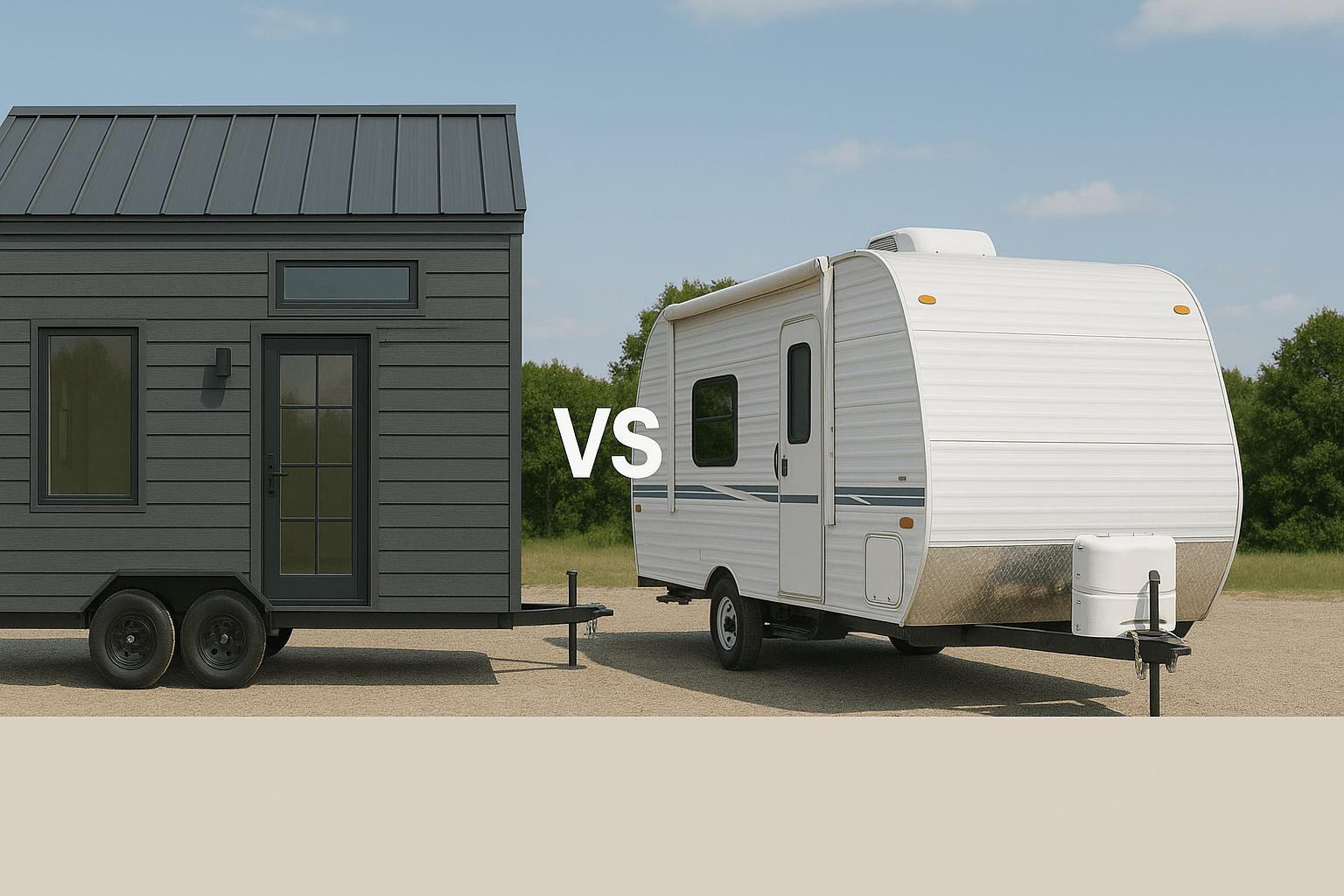 Side by side comparison showing a modern tiny house on wheels next to a travel trailer RV with detailed cost and features breakdown