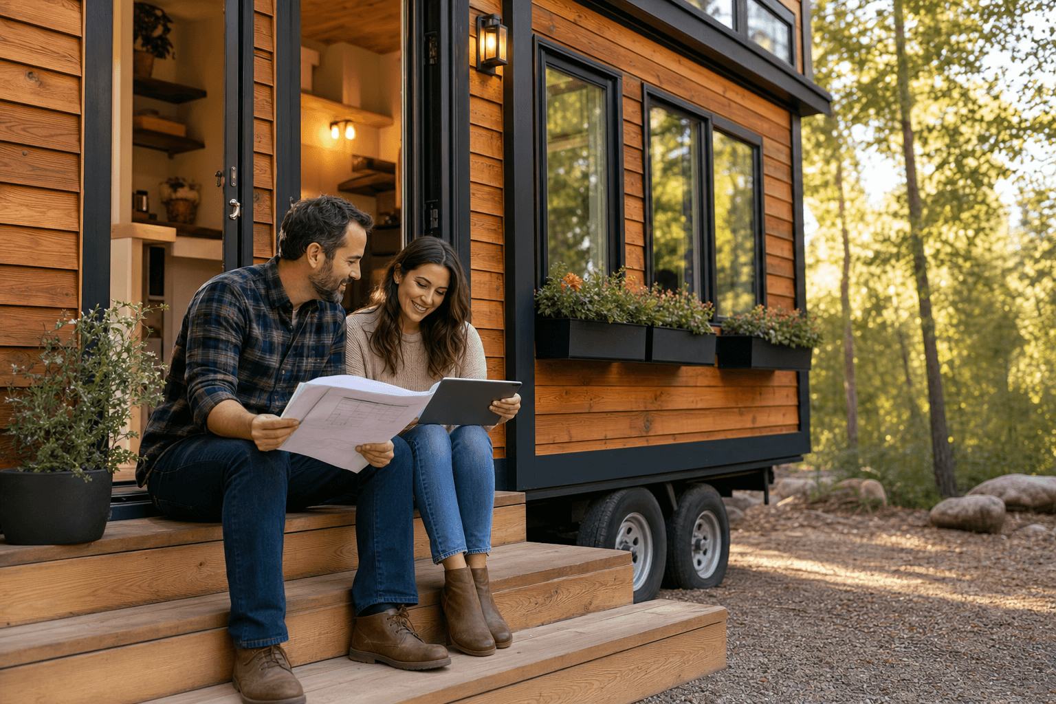 Couple reviewing tiny house floor plans outside a finished tiny home on wheels