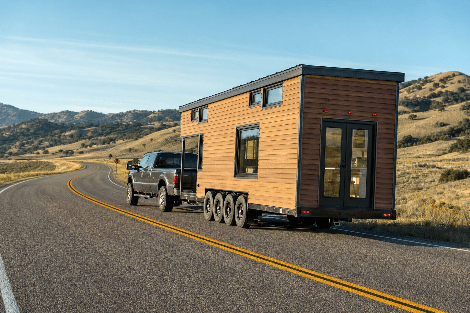 Tiny house on wheels being towed down a highway by a truck