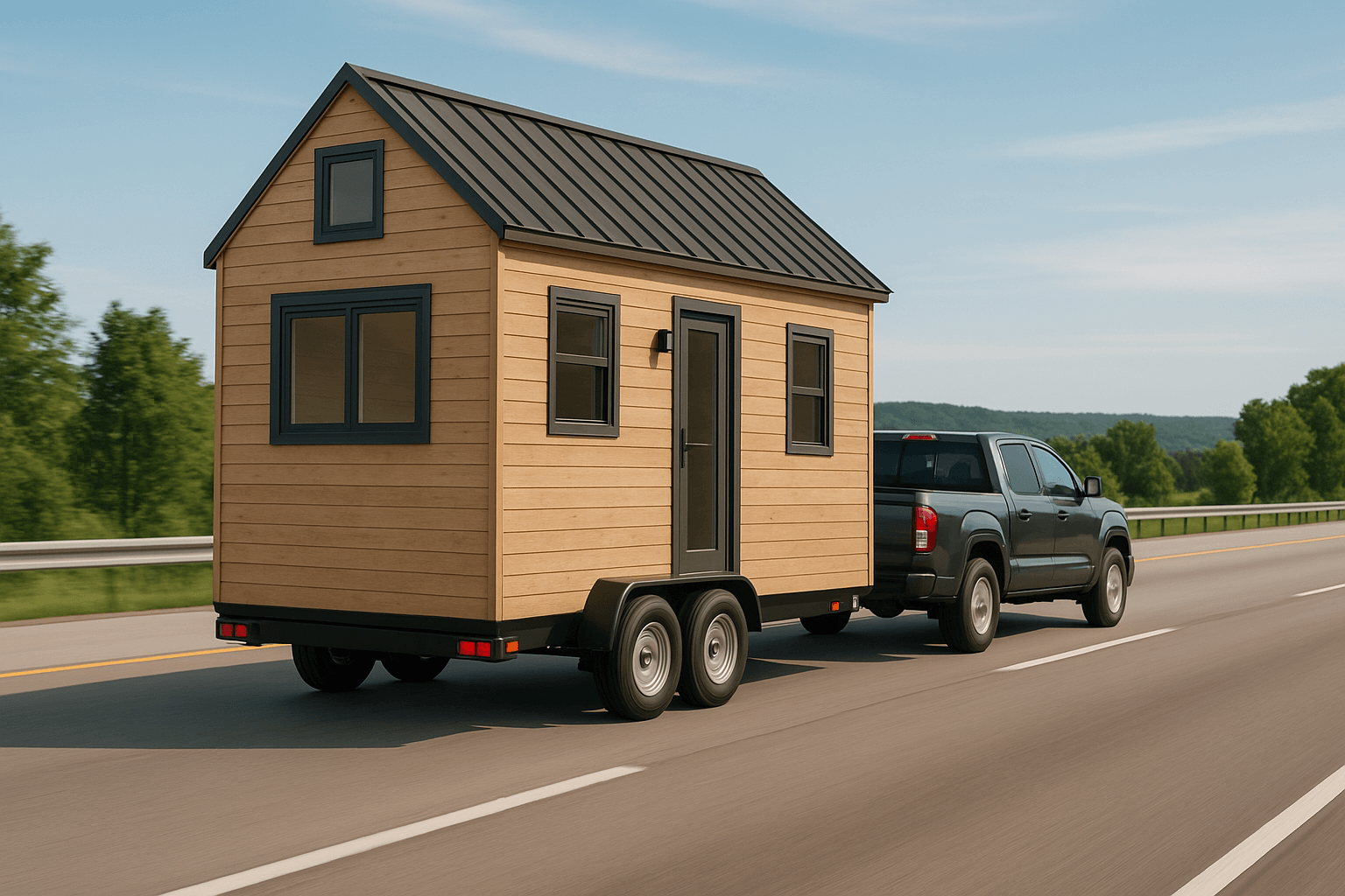 Tiny house on wheels being towed down a highway by a truck