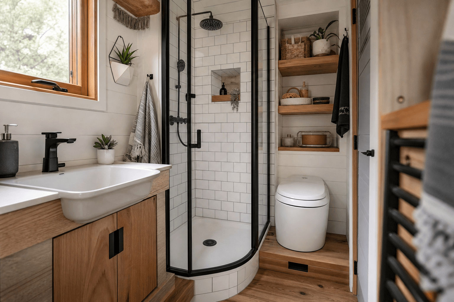 Well-designed tiny house bathroom with shower, toilet, and storage
