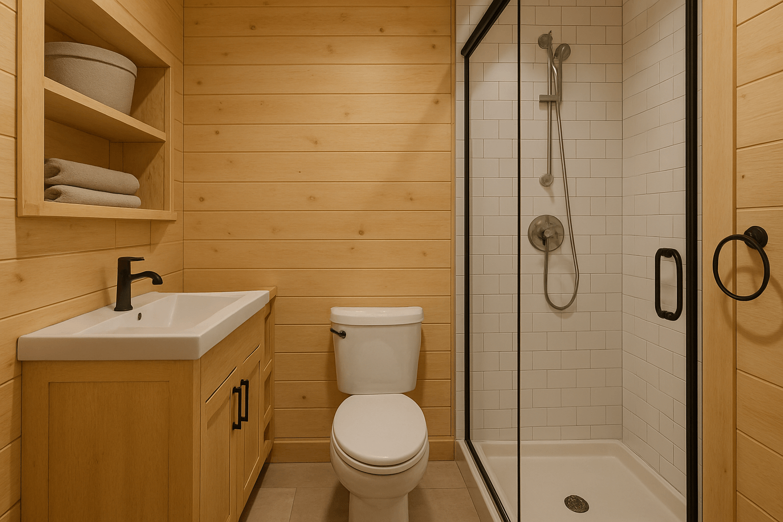 Well-designed tiny house bathroom with shower, toilet, and storage