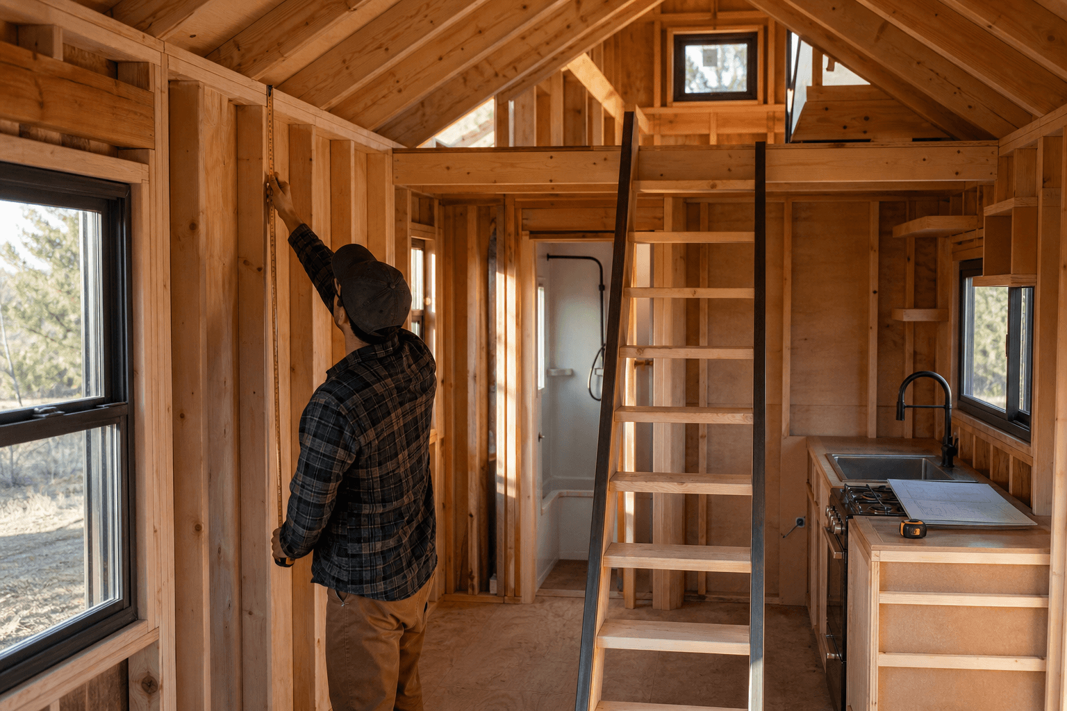 Person measuring tiny house interior framing during layout planning