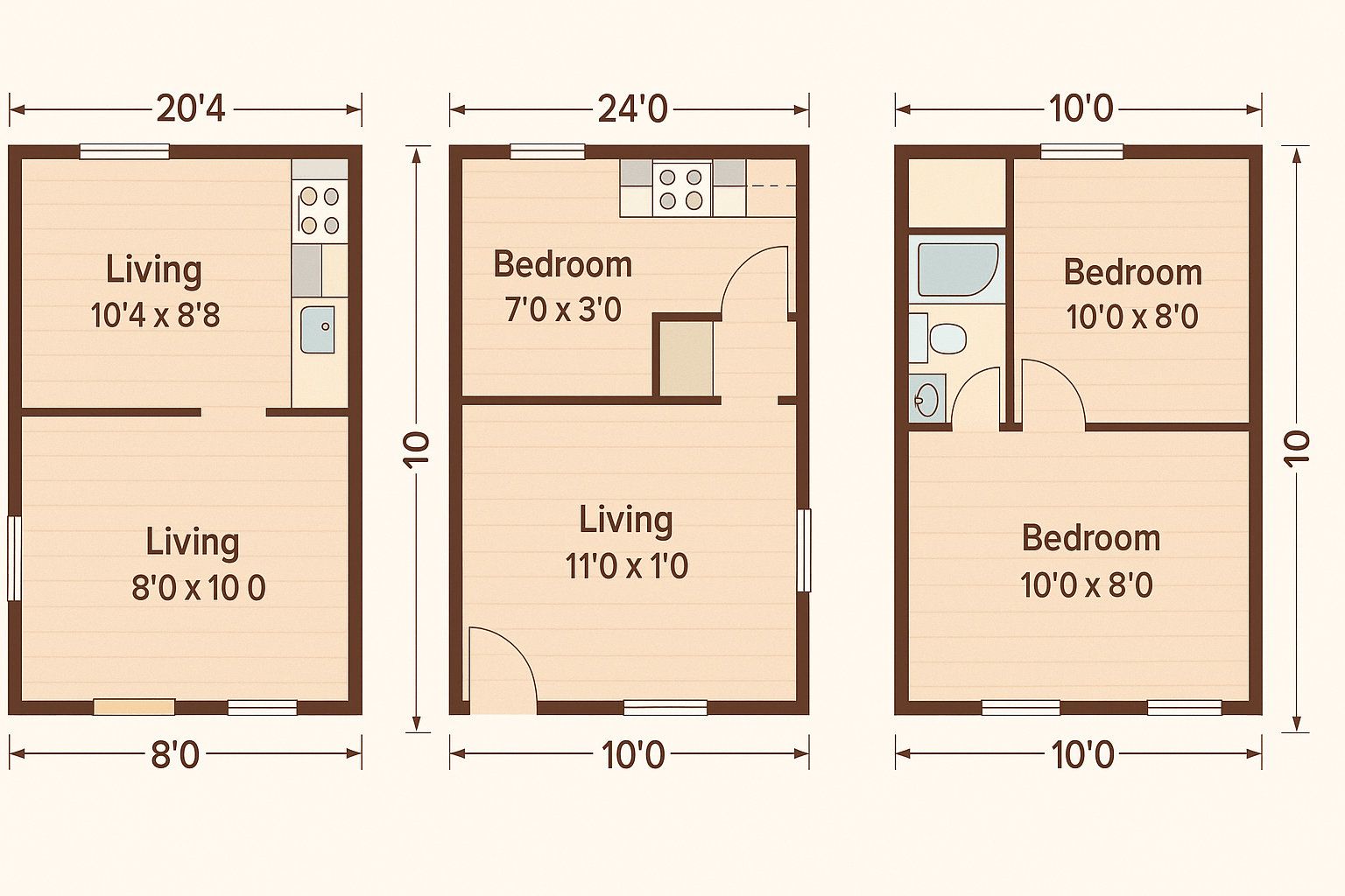 Tiny house floor plan showing dimensions and layout options