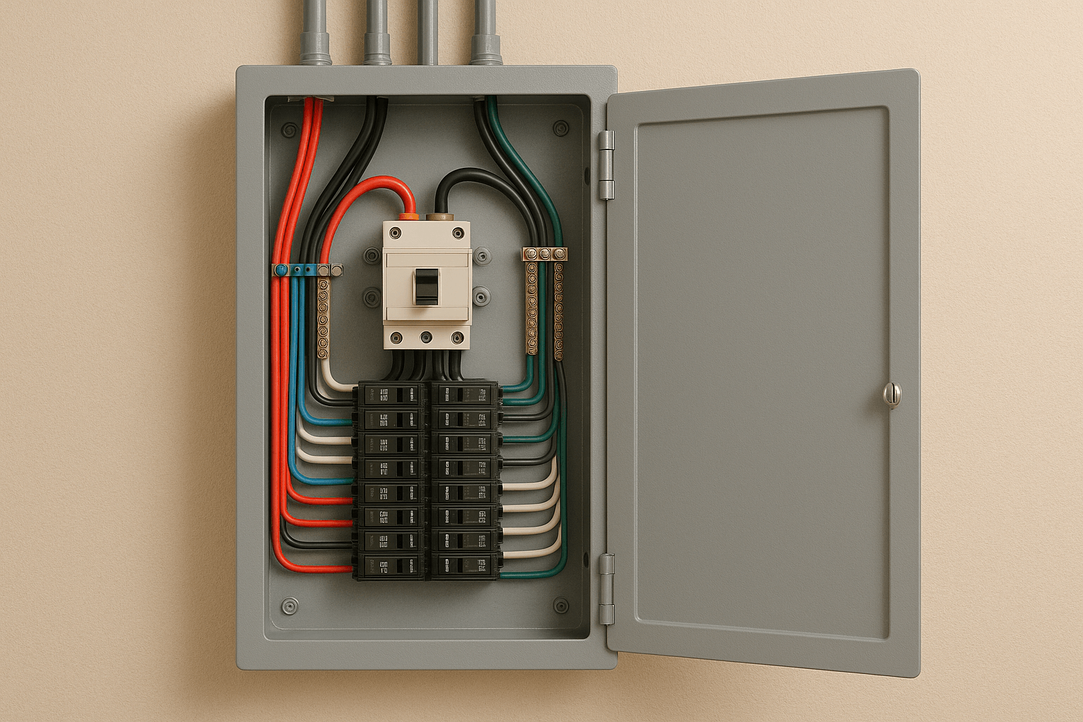 Tiny house electrical panel with organized wiring and circuit breakers