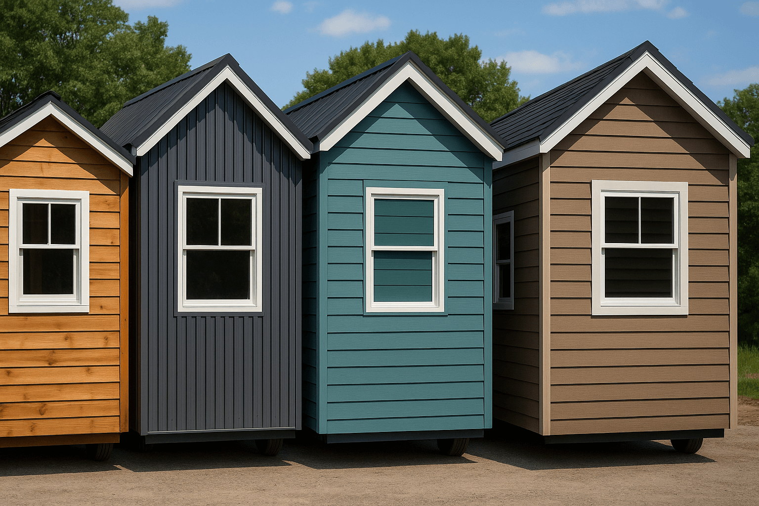 Various tiny house exterior siding options including cedar, metal, and composite materials