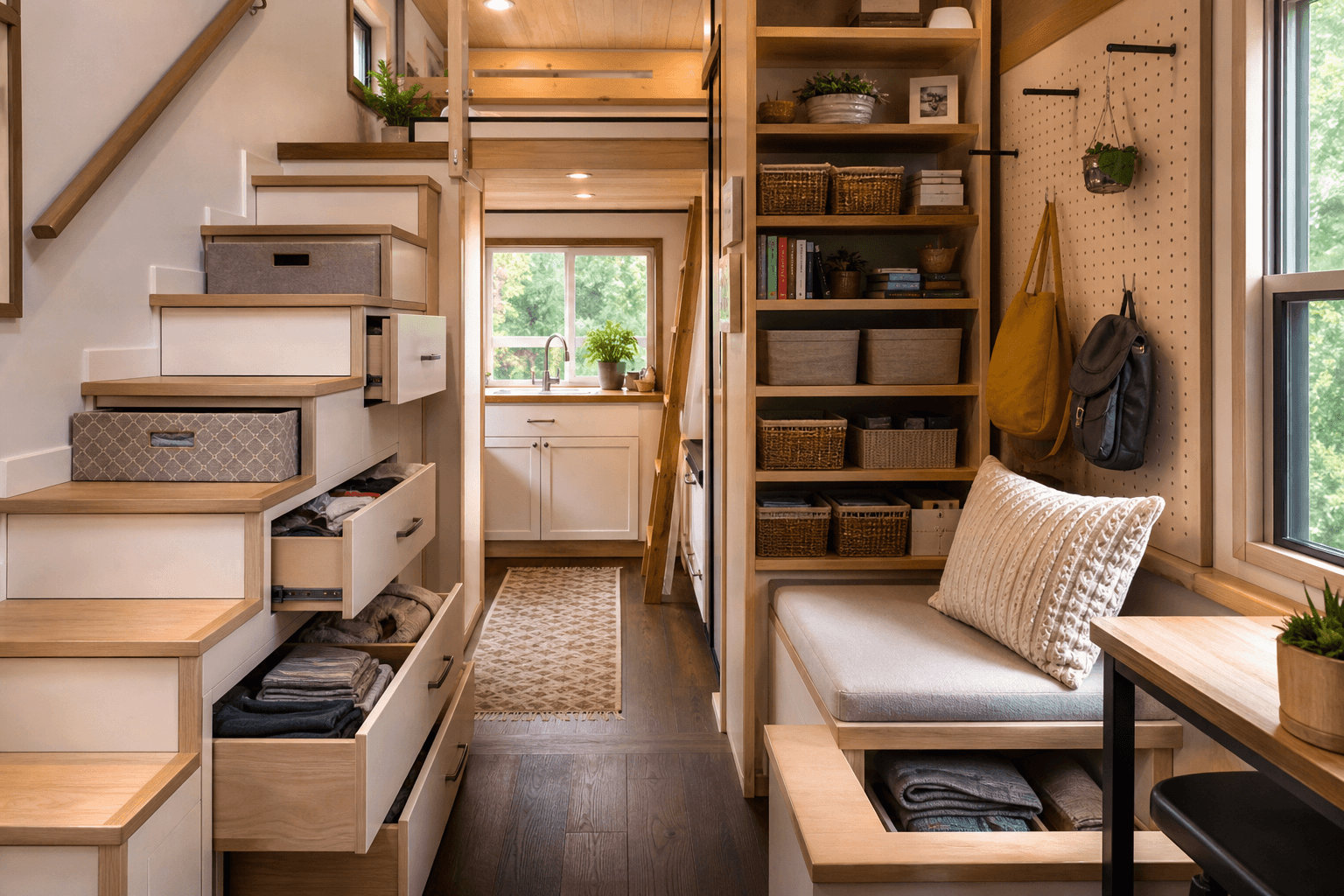 Clever tiny house storage solutions including built-in shelving and hidden compartments