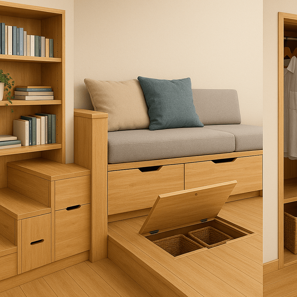 Clever tiny house storage solutions including built-in shelving and hidden compartments