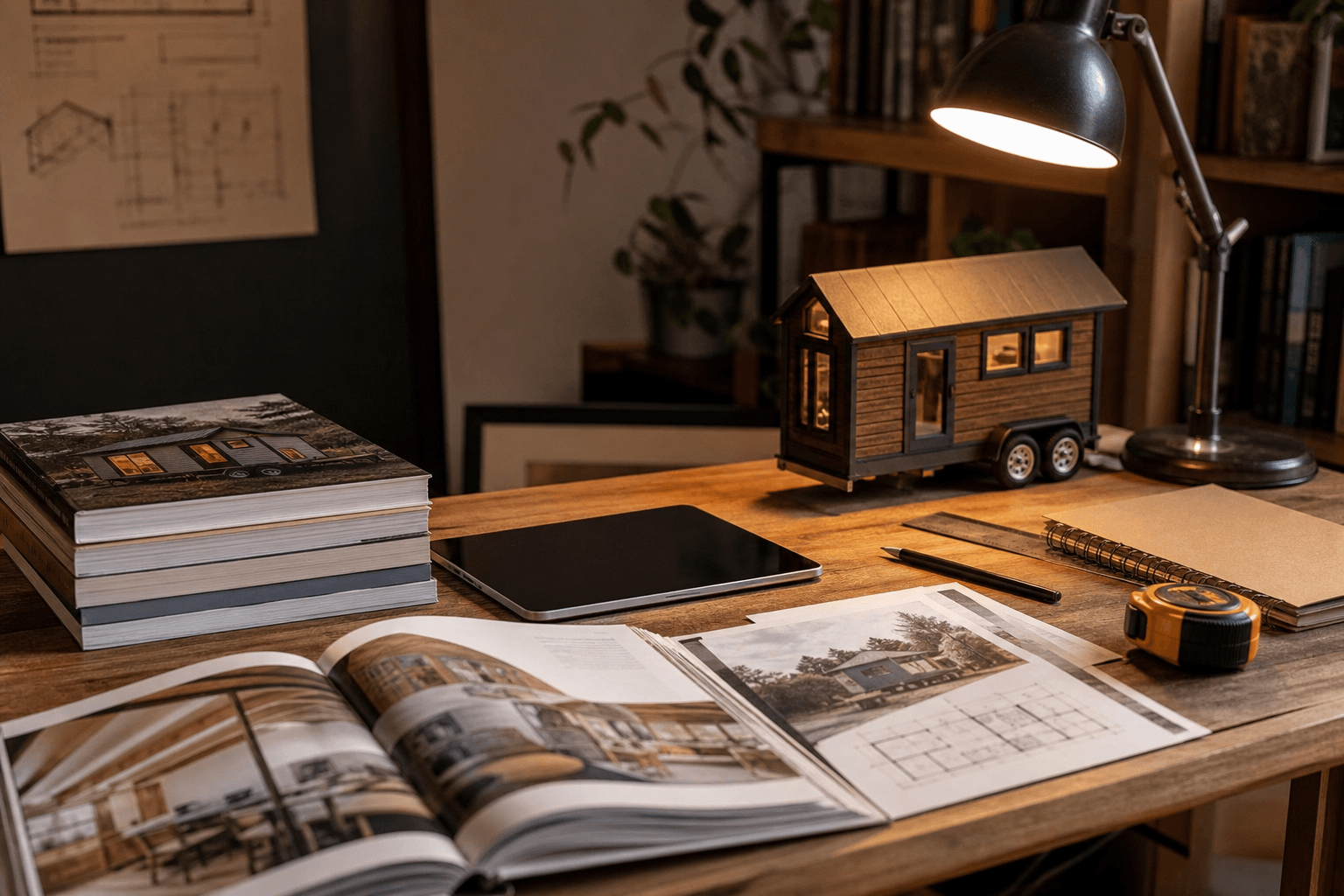 Curated tiny house learning resources, books, and tools on a study desk