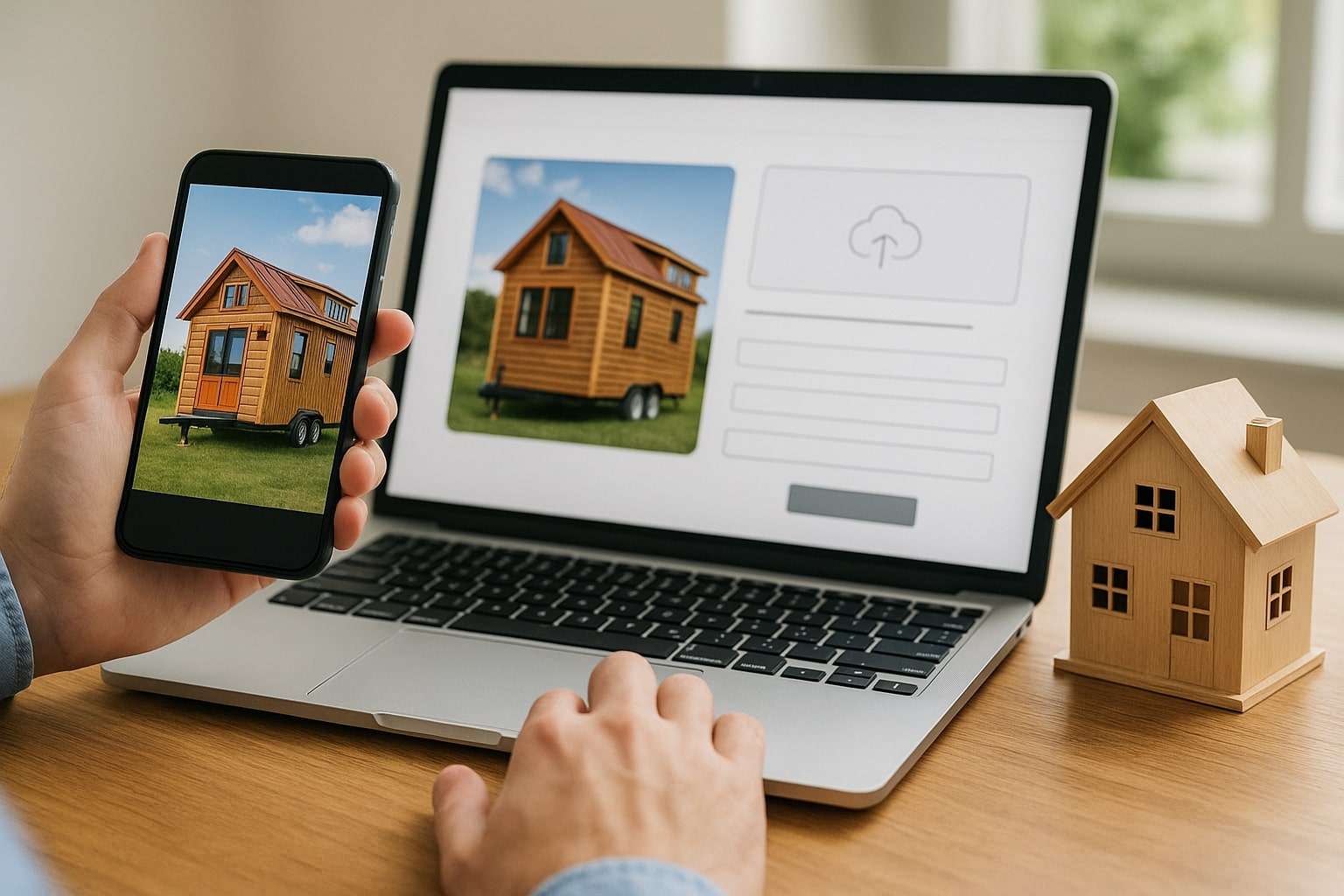 Person uploading tiny house photos to create a listing