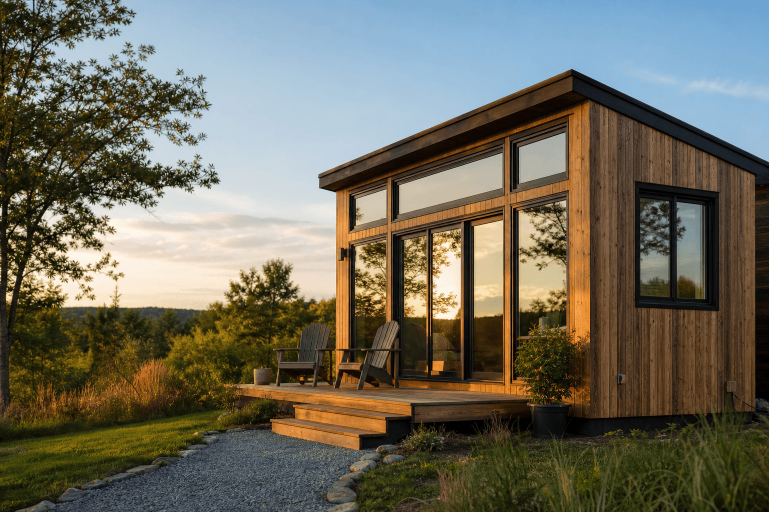 Modern tiny house with wood siding and glass doors at golden hour on a quiet hillside
